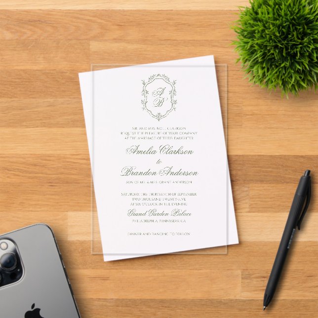 Botanical Deep Sage Green Monogram Crest Wedding Acrylic Invitations (Insitu (Invitation Card))