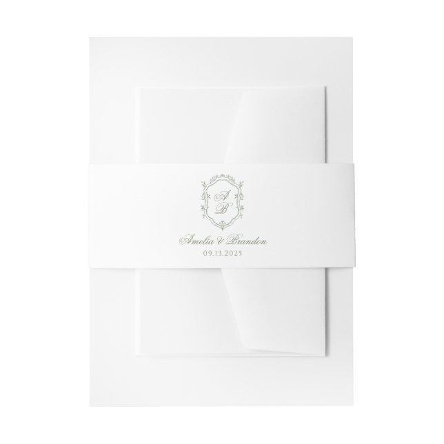 Botanical Deep Sage Green Monogram Crest Wedding Invitation Belly Band (Front Example)