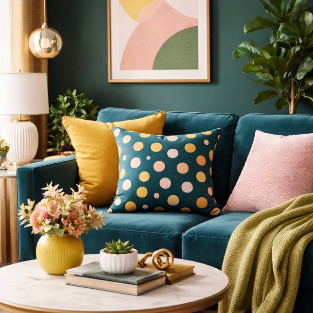 Botanical Deep Teal, Chartreuse & Blush Polka Dots Throw Pillow (Creator Uploaded)