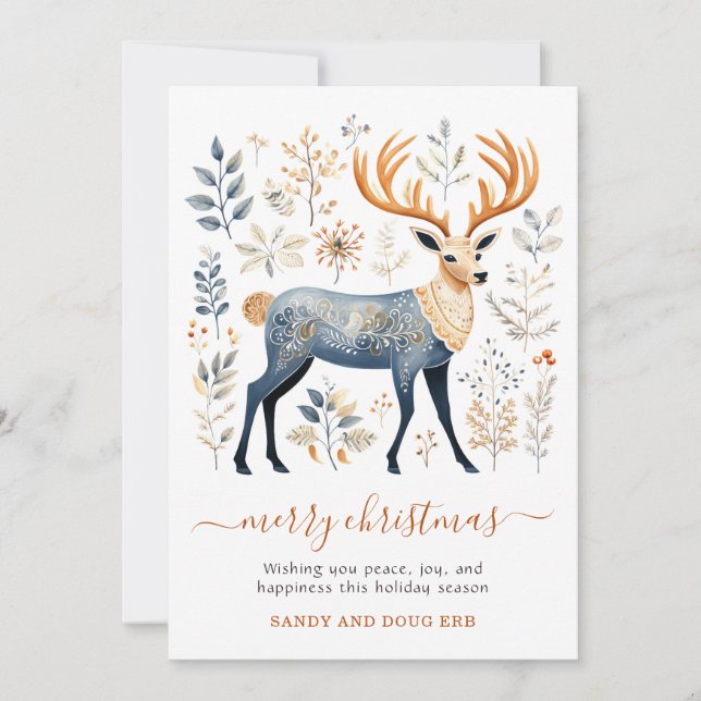 Botanical Deer Blue Christmas Holiday Card (Front)