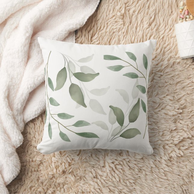 Botanical Delicate Green Leaves Design Throw Pillow (Blanket)