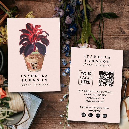 Botanical Designer Logo Pink QR Code Social Media Business Card