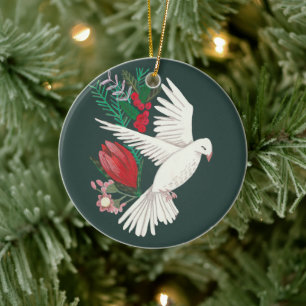 Botanical dove floral Christmas Ceramic Ornament
