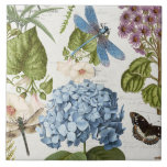 Botanical Dragonfly Flower Garden Floral Vintage 4 Ceramic Tile<br><div class="desc">#5 of 5 coordinating tile images. Deep blue dragonfly steals the show in this collage with botanical blue hydrangea flower, butterfly, damselfly, morning glory and script handwriting ephemera and antique advertising images over a soft cream, ivory textured background. Collage created and Graphically designed by internationally licensed artist and designer, Audrey...</div>