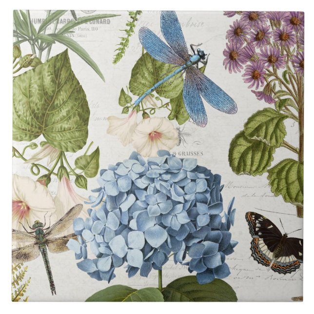 Botanical Dragonfly Flower Garden Floral Vintage 4 Ceramic Tile (Front)