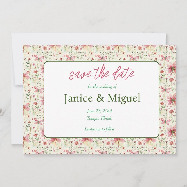 Botanical Dragonfly Wedding Save The Date Card (Front)