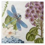 Botanical Dragonfly Wildflower Leaves Vintage 2 Ceramic Tile<br><div class="desc">#2 of 5 coordinating tile images. Bright blue dragonfly and a lavender mum flower with white morning glories and a peek of a blue hydrangea blossom over collaged script handwriting ephemera and antique advertising images over a soft cream, ivory textured background. Collage created and Graphically designed by internationally licensed artist...</div>