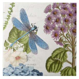 Botanical Dragonfly Wildflower Leaves Vintage 2 Ceramic Tile