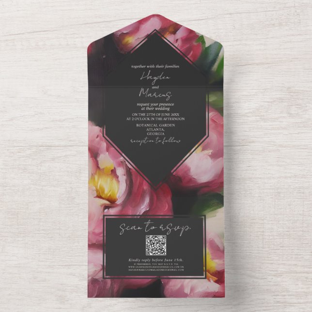 Botanical Dramatic Dark Floral Wedding RSVP QR All In One Invitation (Inside)