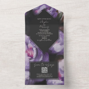 Botanical Dramatic Purple Floral Wedding RSVP QR All In One Invitation