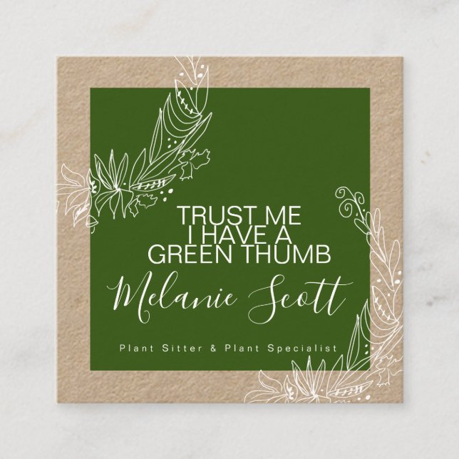 Botanical Drawing Green Garden Plant Sitter Kraft Square Business Card (Front)