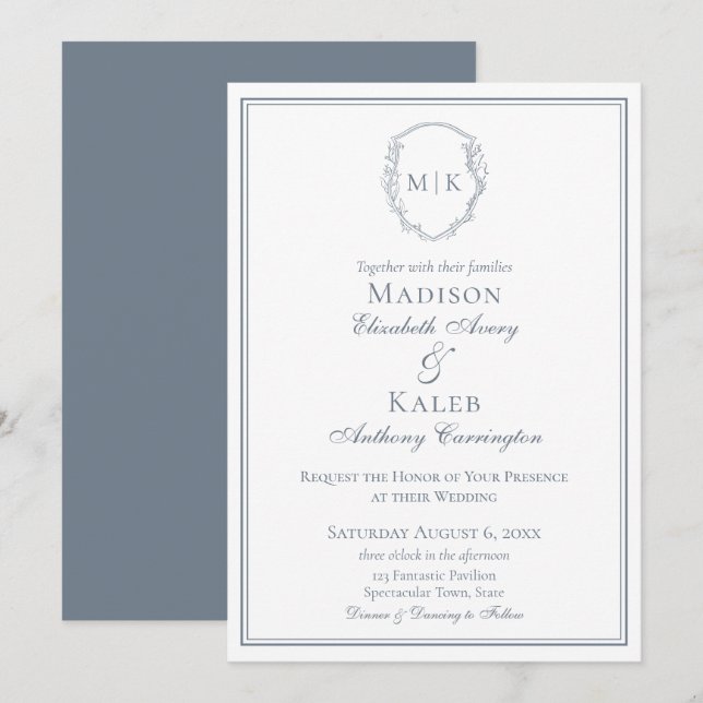 Botanical Drawn Crest Elegant Monogram Dusty Blue Invitation (Front/Back)