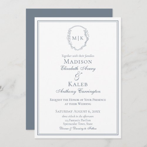 Botanical Drawn Crest Elegant Monogram Dusty Blue Invitation