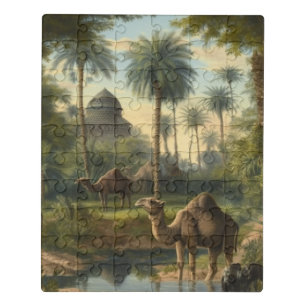 Botanical: dromedaries in the jungle near a river jigsaw puzzle