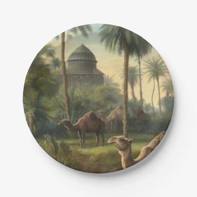 Botanical: dromedaries in the jungle near a river paper plates (Front)