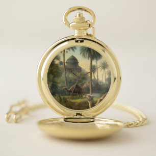 Botanical: dromedaries in the jungle near a river pocket watch