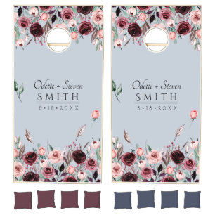 Botanical Dusty Blue and Burgundy Country Wedding Cornhole Set