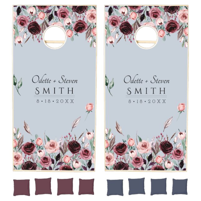 Botanical Dusty Blue and Burgundy Country Wedding Cornhole Set (Set)