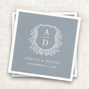 Botanical Dusty Blue Crest Wedding Monogram Napkins