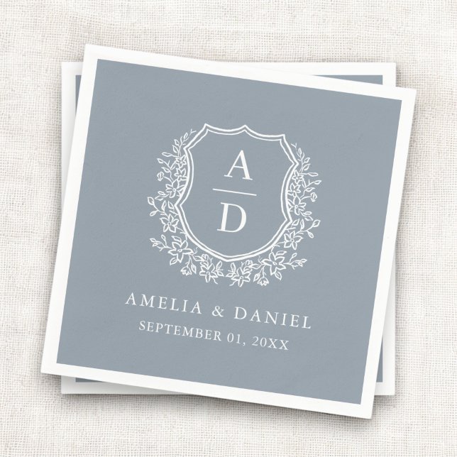 Botanical Dusty Blue Crest Wedding Monogram Napkins (Creator Uploaded)