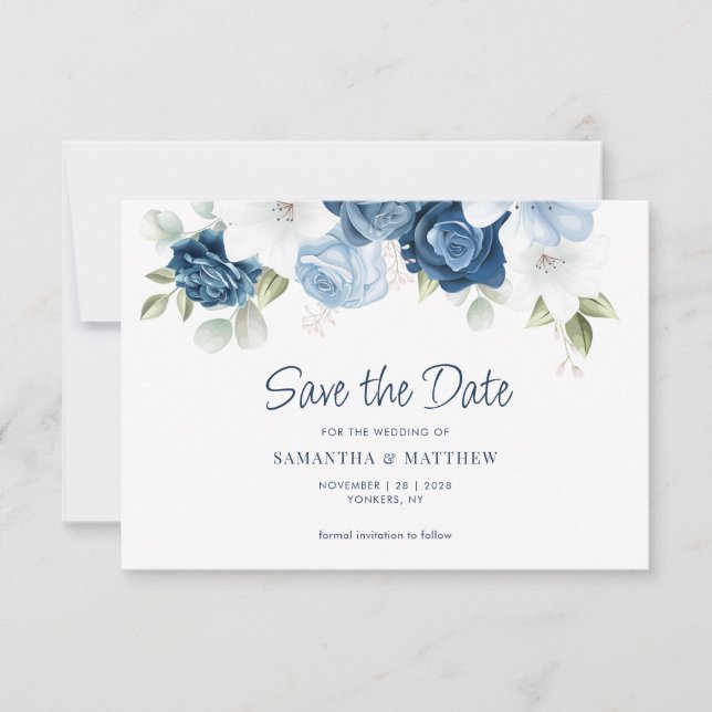 Botanical Dusty Blue Floral Greenery Save The Date (Front)