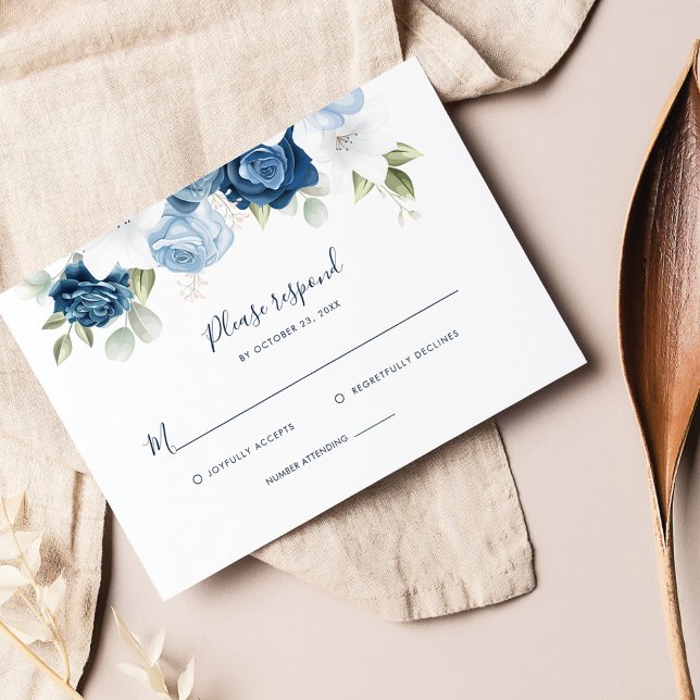 Botanical Dusty Blue Floral Greenery Script RSVP (Creator Uploaded)