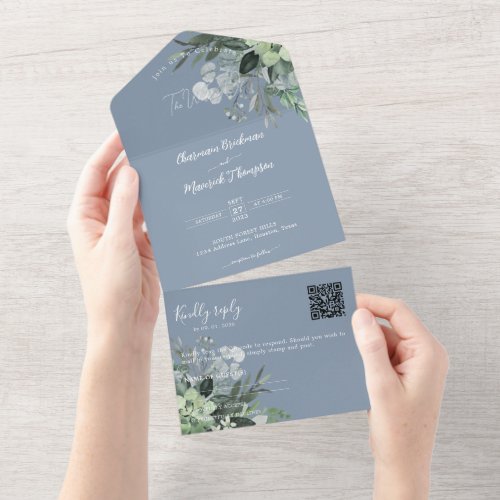 Botanical Dusty Blue QR Code Wedding All In One Invitation