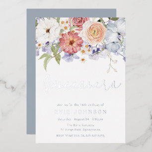 Botanical Dusty Blue Quinceanera Party Silver Foil Invitation