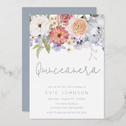Botanical Dusty Blue Quinceanera Party Silver Foil Invitation