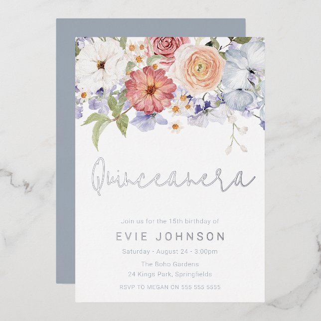 Botanical Dusty Blue Quinceanera Party Silver Foil Invitation (Front/Back)