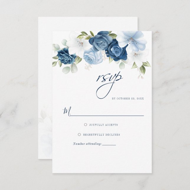 Botanical Dusty Blue Script Floral Greenery RSVP Card (Front/Back)