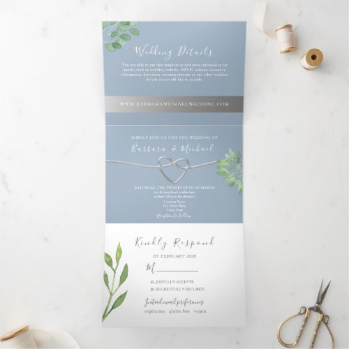 Botanical Dusty Blue Wedding Tri_Fold Invitation