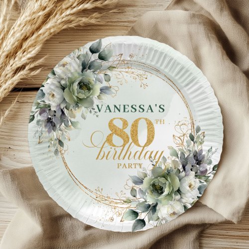 Botanical Dusty Green 80th Birthday Event Plates
