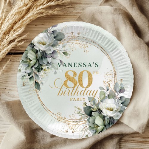 Botanical Dusty Green 80th Birthday Party Plates