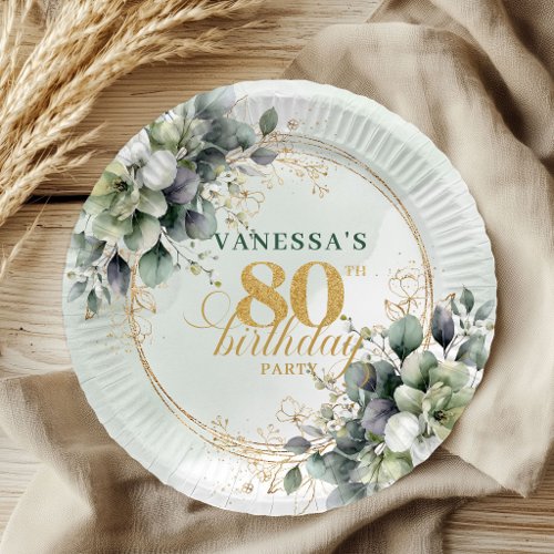 Botanical Dusty Green Watercolor 80th Birthday  Paper Plates