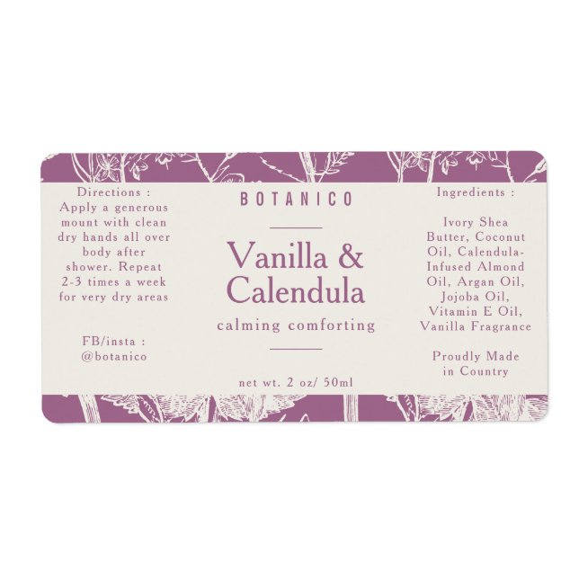 Botanical Dusty Pink Ingredients Natural Packaging Label (Front)