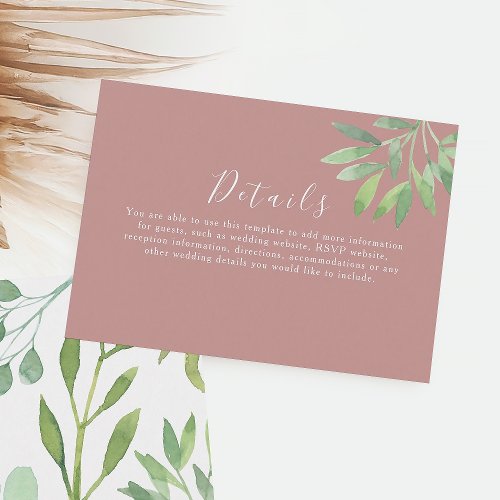 Botanical Dusty Rose Wedding Details Enclosure Card