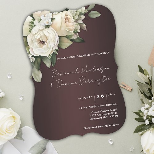 Botanical Elegance and White Roses Marsala Wedding Invitation
