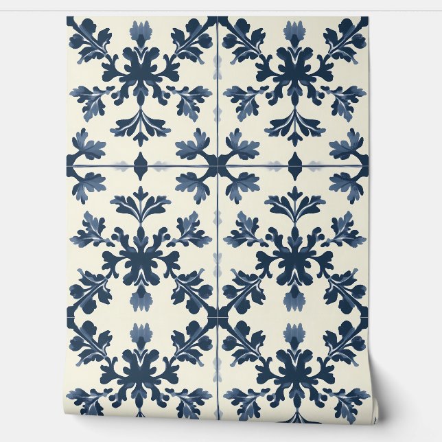 Botanical Elegance - Navy and Ivory - Traditional Wallpaper (Unrolling)