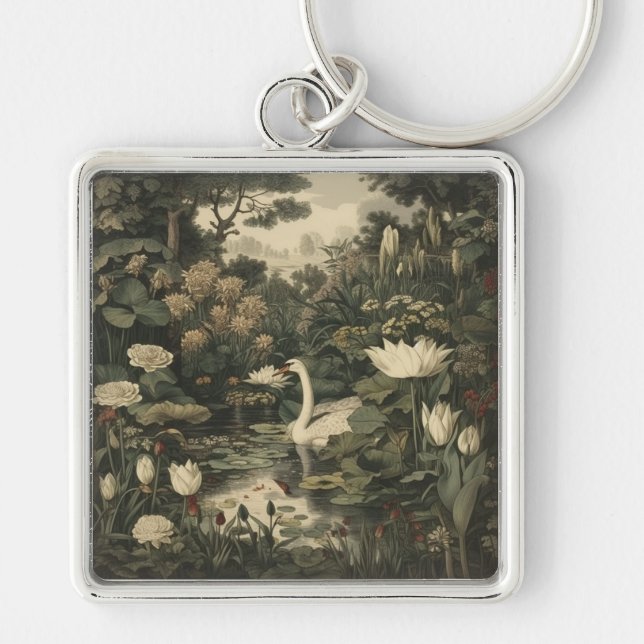 Botanical Elegance – Swan in the Forest Keychain (Front)