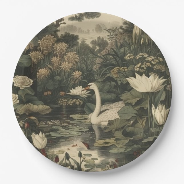 Botanical Elegance – Swan in the Forest Paper Plates (Front)