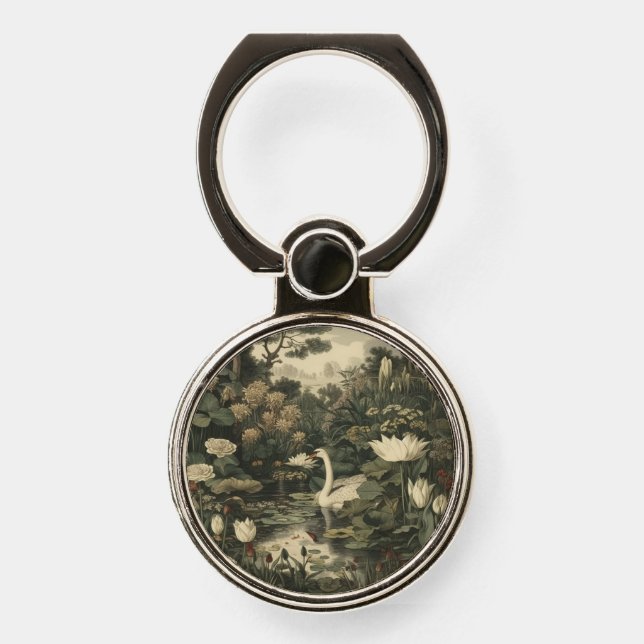Botanical Elegance – Swan in the Forest Phone Ring Stand (Front)