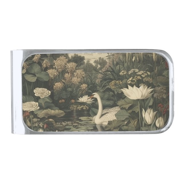 Botanical Elegance – Swan in the Forest Silver Finish Money Clip (Front)