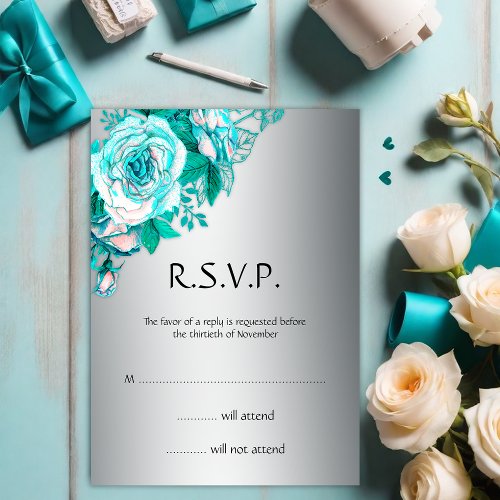 Botanical Elegance Teal on Silver Wedding RSVP Invitation