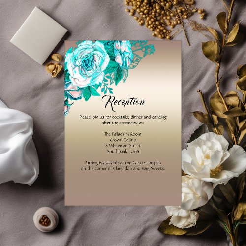 Botanical Elegance Teal Roses Wedding Reception Enclosure Card