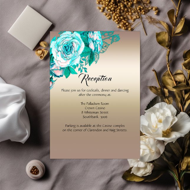 Botanical Elegance Teal Roses Wedding Reception Enclosure Card (Creator Uploaded)