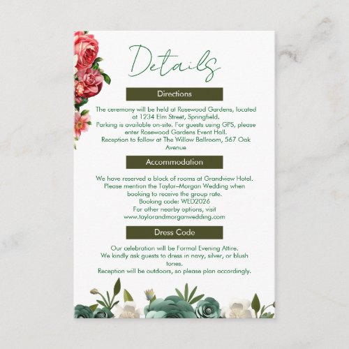 Botanical Elegance Wedding Details Card