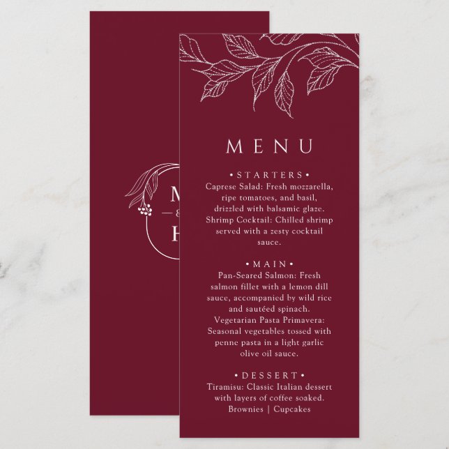 Botanical Elegant Burgundy Wedding Dinner Menu (Front/Back)