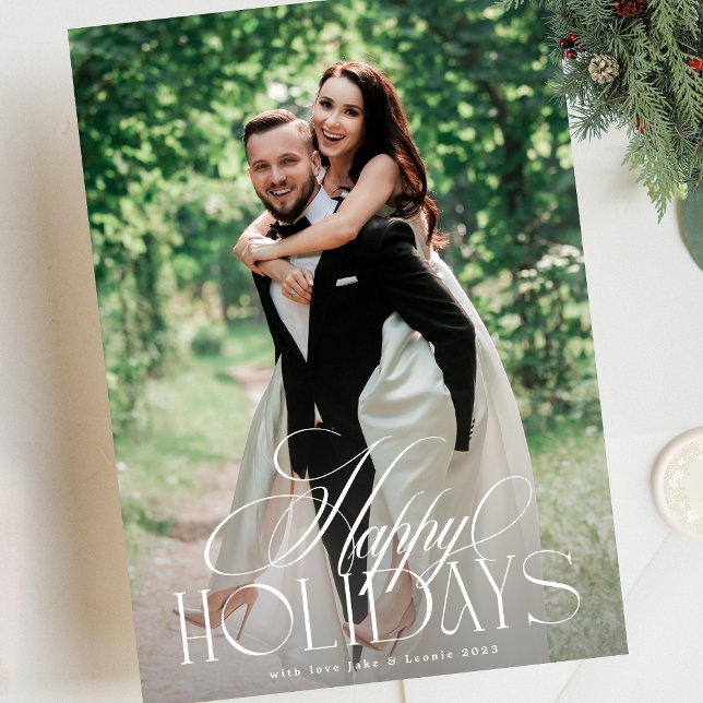 Botanical Elegant Calligraphy Christmas One Photo Holiday Card (Creator Uploaded)