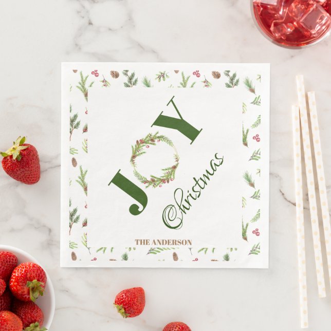  Botanical elegant Christmas Joy Christmas  Wreath Paper Dinner Napkins (Insitu)